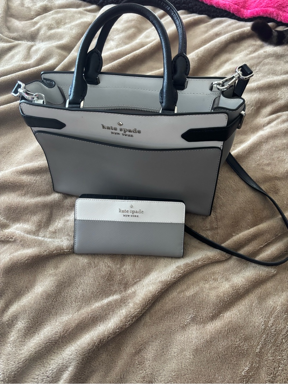 kate spade Two-Tone White and Gray Satchel with Black Trim